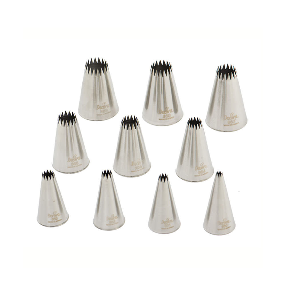 Decora Professional seamless stainless steel french star piping nozzle set, 10 pieces