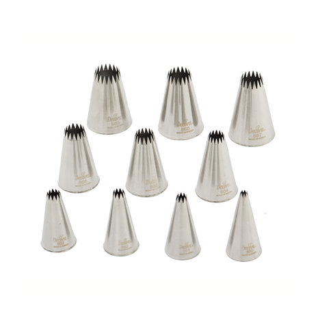 Decora Professional seamless stainless steel french star piping nozzle set, 10 pieces