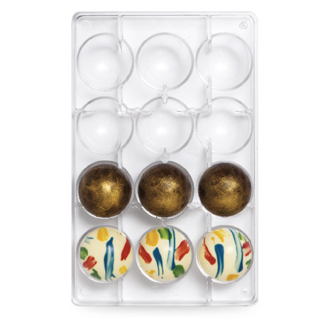 Decora Professional polycarbonate chocolate mold for half spheres 50 mm, 12 cavities Decora Professional polycarbonate chocolate mold for half spheres 50 mm, 12 cavities