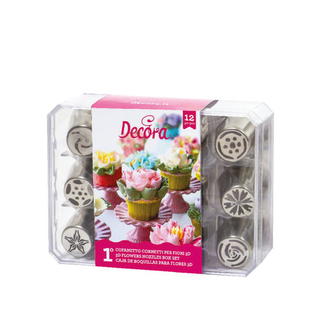 Decora Plastic cassette met 12 roestvrijstalen spuitmonden voor 3D-bloemen, nr. 1