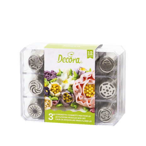Decora Plastic case with 12 stainless steel piping nozzles for 3D flowers, no. 3