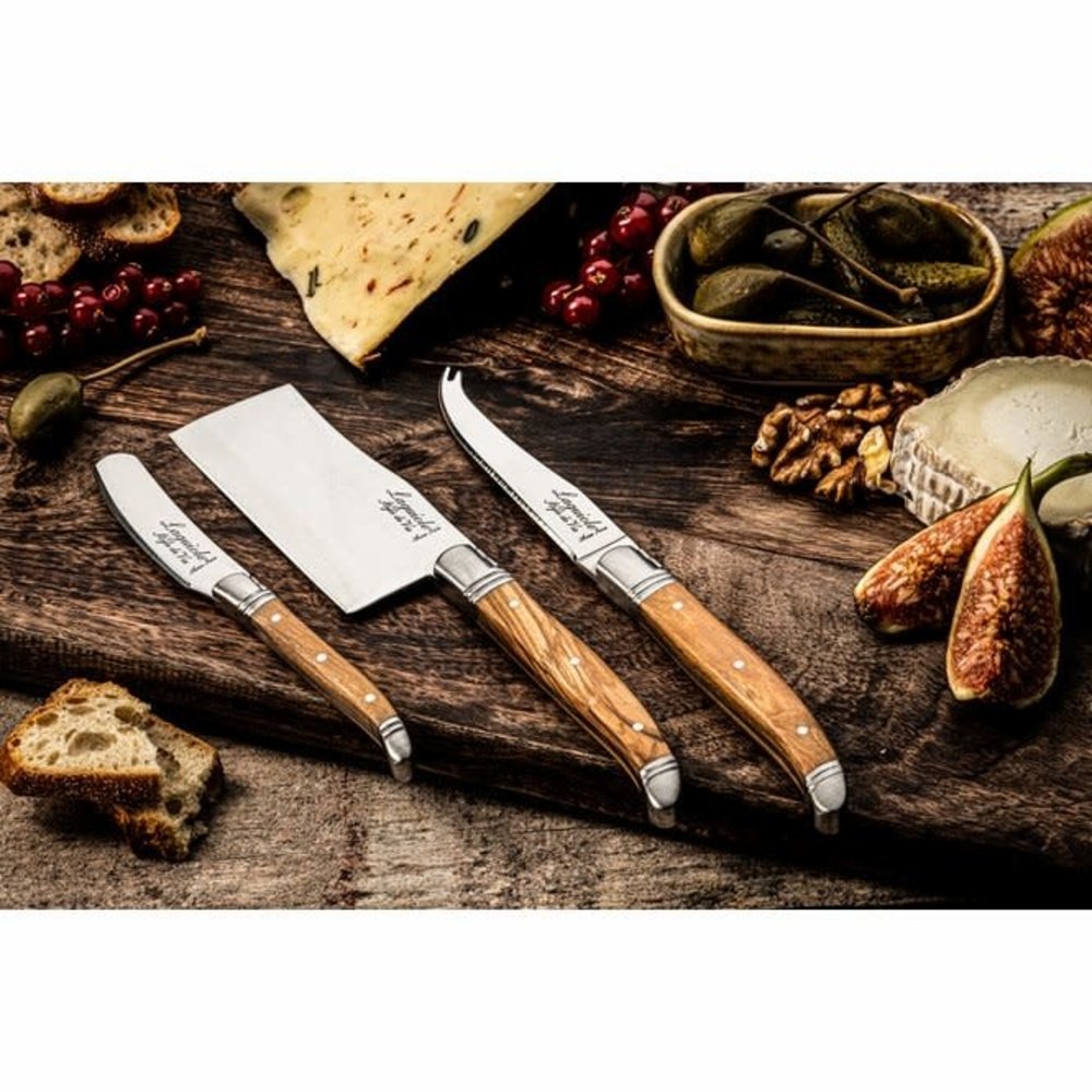 Laguiole style de vie Set of 3 cheese knifes with olive wood handles in gift box
