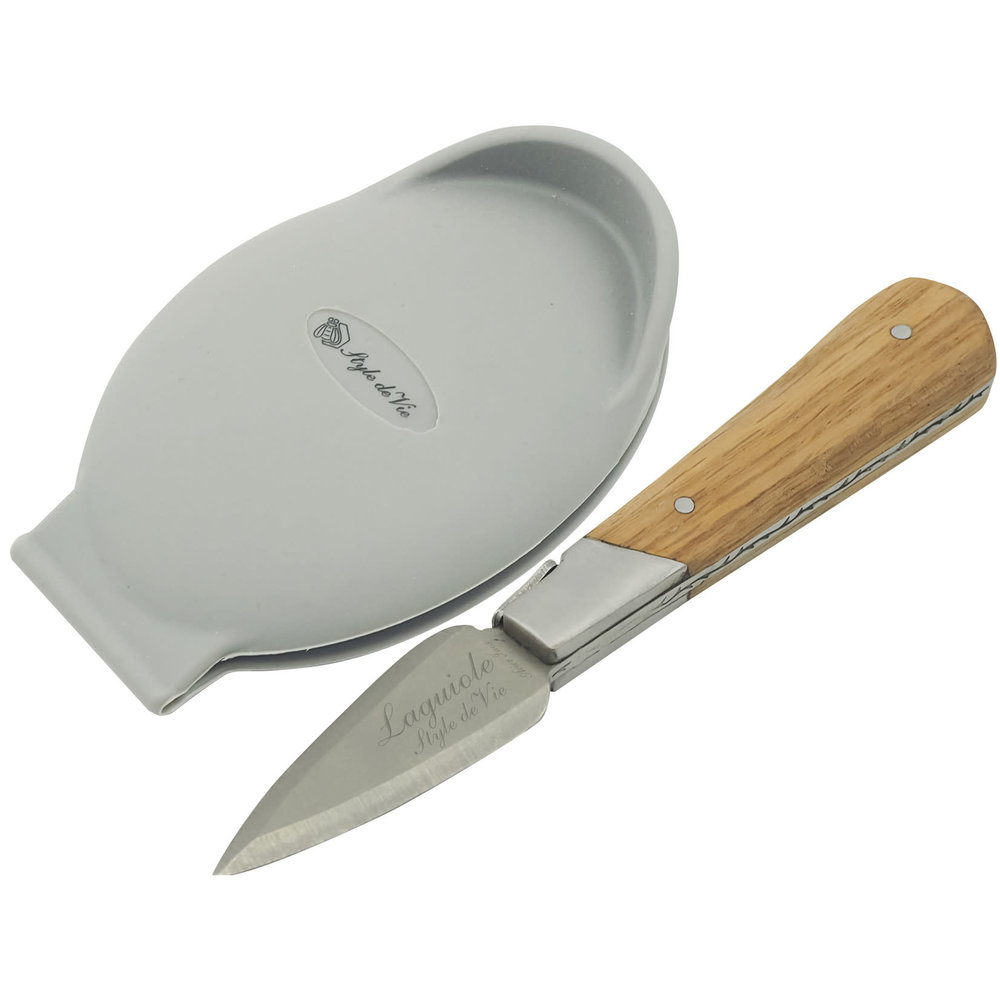 Laguiole style de vie Oyster knife with oak handle and hand guard in gift box