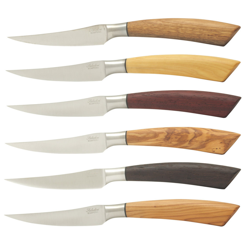 Saladini Kistje met 6 steakmessen met heften van diverse houtsoorten Saladini Kistje met 6 steakmessen met heften van diverse houtsoorten