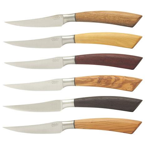 Saladini Wooden box containing 6 handmade steak knives with various wood type handles