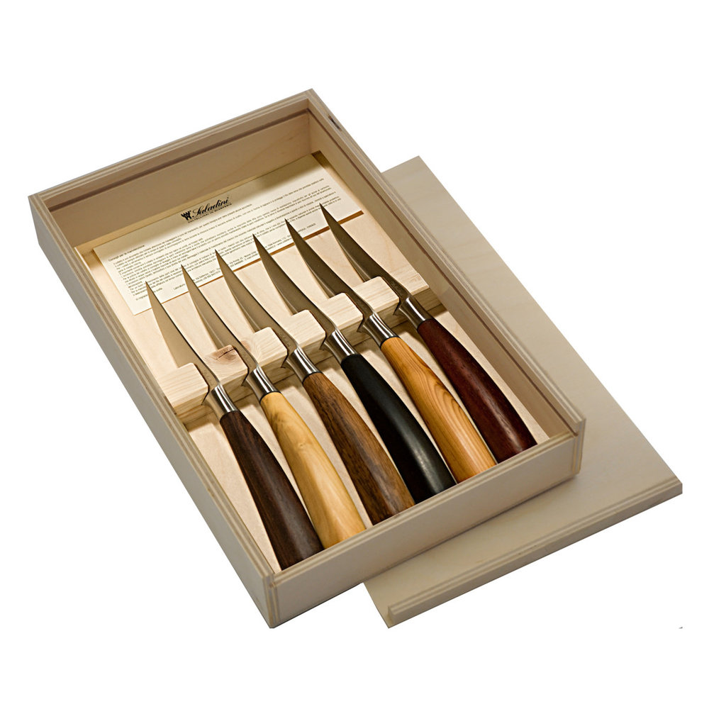 Saladini Wooden box containing 6 handmade steak knives with various wood type handles