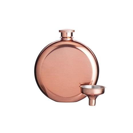 BarCraft Round copper colored hip flask 140ml with funnel