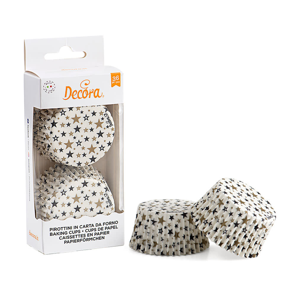 Decora Zwarte en gouden sterren papieren muffinvormpjes, ⌀50 x 32 mm, 36 stuks