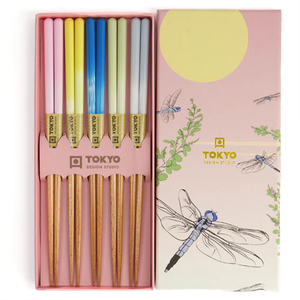 Tokyo Design Studio 5 sets houten eetstokjes Pink Dragonfly in geschenkverpakking Tokyo Design Studio 5 sets houten eetstokjes Pink Dragonfly in geschenkverpakking