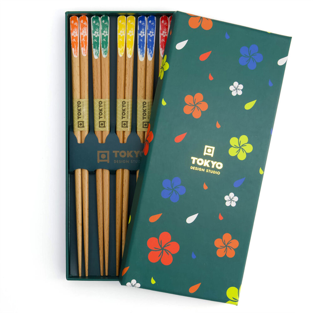 Tokyo Design Studio 5 sets of wooden chopsticks Turquoise Flower in gift box Tokyo Design Studio 5 sets of wooden chopsticks Turquoise Flower in gift box