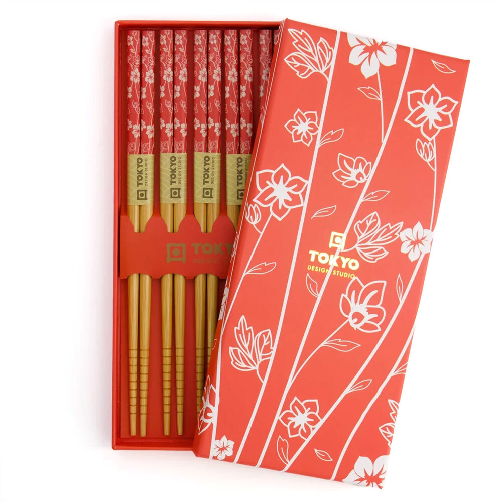Tokyo Design Studio 5 sets eetstokjes Red Flower in geschenkverpakking Tokyo Design Studio 5 sets eetstokjes Red Flower in geschenkverpakking