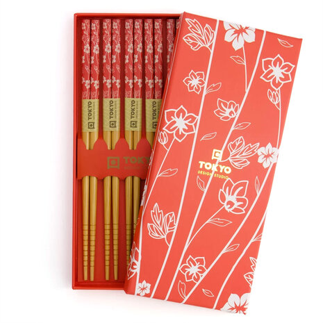 Tokyo Design Studio 5 sets eetstokjes Red Flower in geschenkverpakking Tokyo Design Studio 5 sets eetstokjes Red Flower in geschenkverpakking