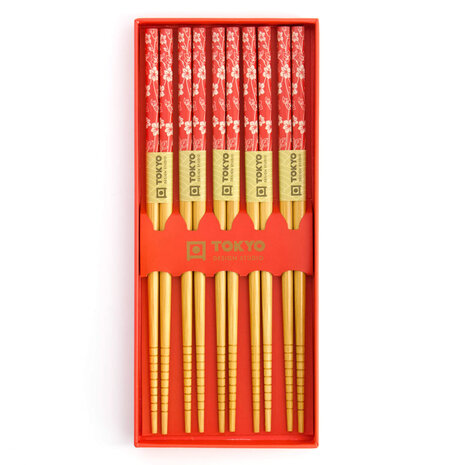 Tokyo Design Studio 5 sets eetstokjes Red Flower in geschenkverpakking Tokyo Design Studio 5 sets eetstokjes Red Flower in geschenkverpakking