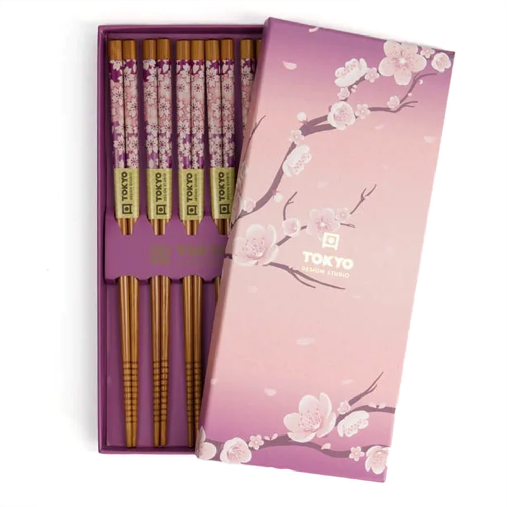 Tokyo Design Studio 5 sets eetstokjes Purple Sakura in geschenkverpakking Tokyo Design Studio 5 sets eetstokjes Purple Sakura in geschenkverpakking