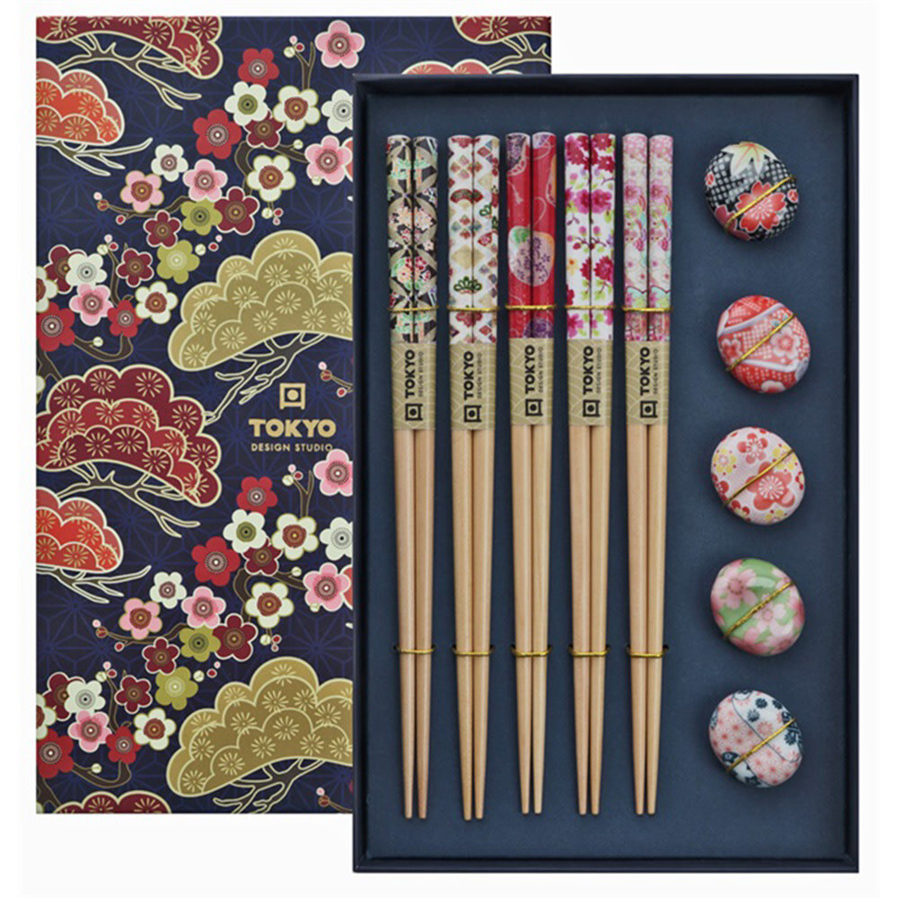 Tokyo Design Studio 5 sets eetstokjes met stokjesleggers in cadeauverpakking