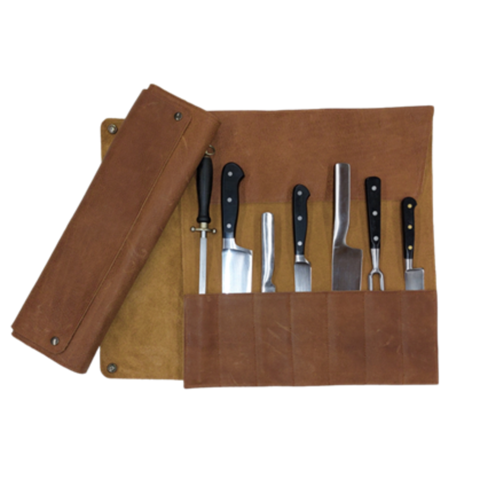 Buffalo leather knife roll for 7 knives