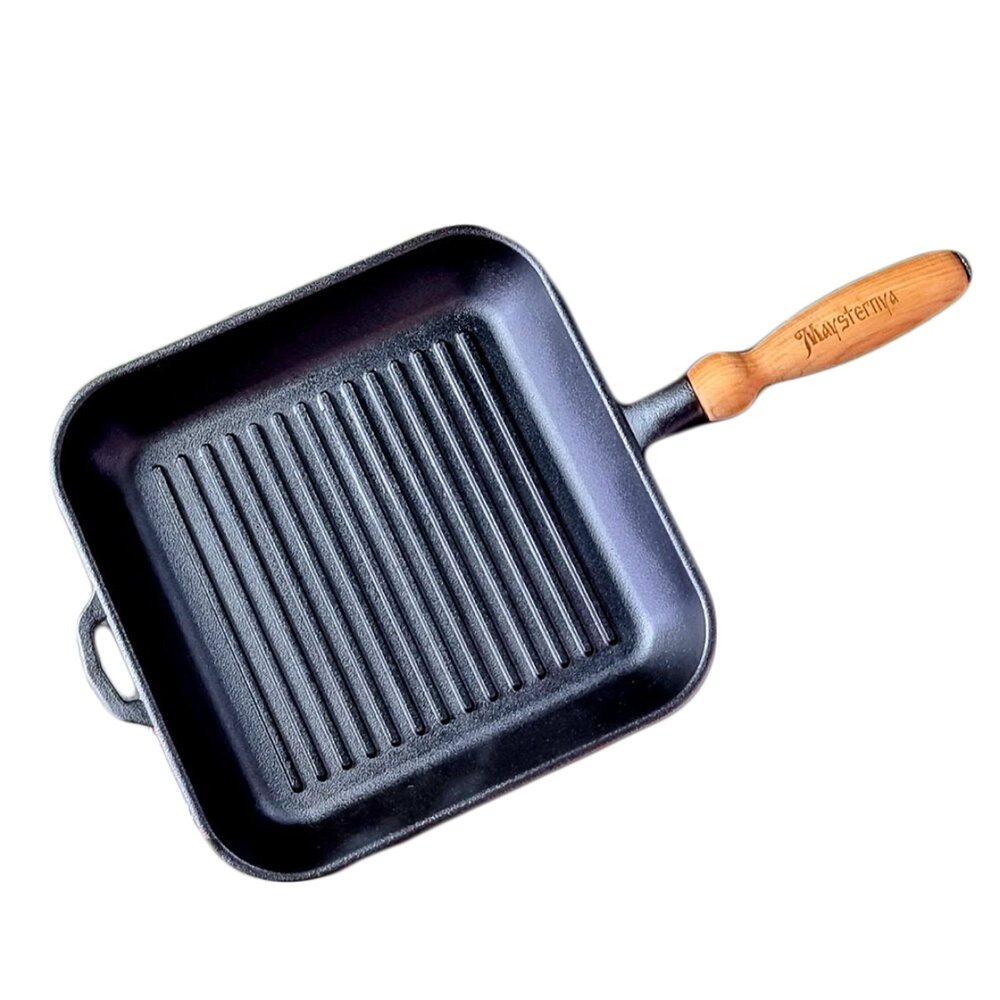 Maysternya Gietijzeren vierkante grillpan 28x28cm met houten steel