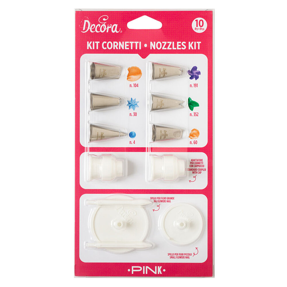 Decora roze spuitmondjesset, 10 stuks, met koppelstukken en bloemspijkers