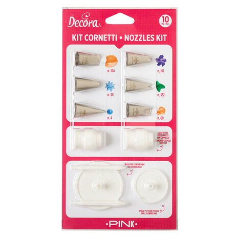 Decora pink piping nozzle kit, 10 pieces, with couplers and flower nails