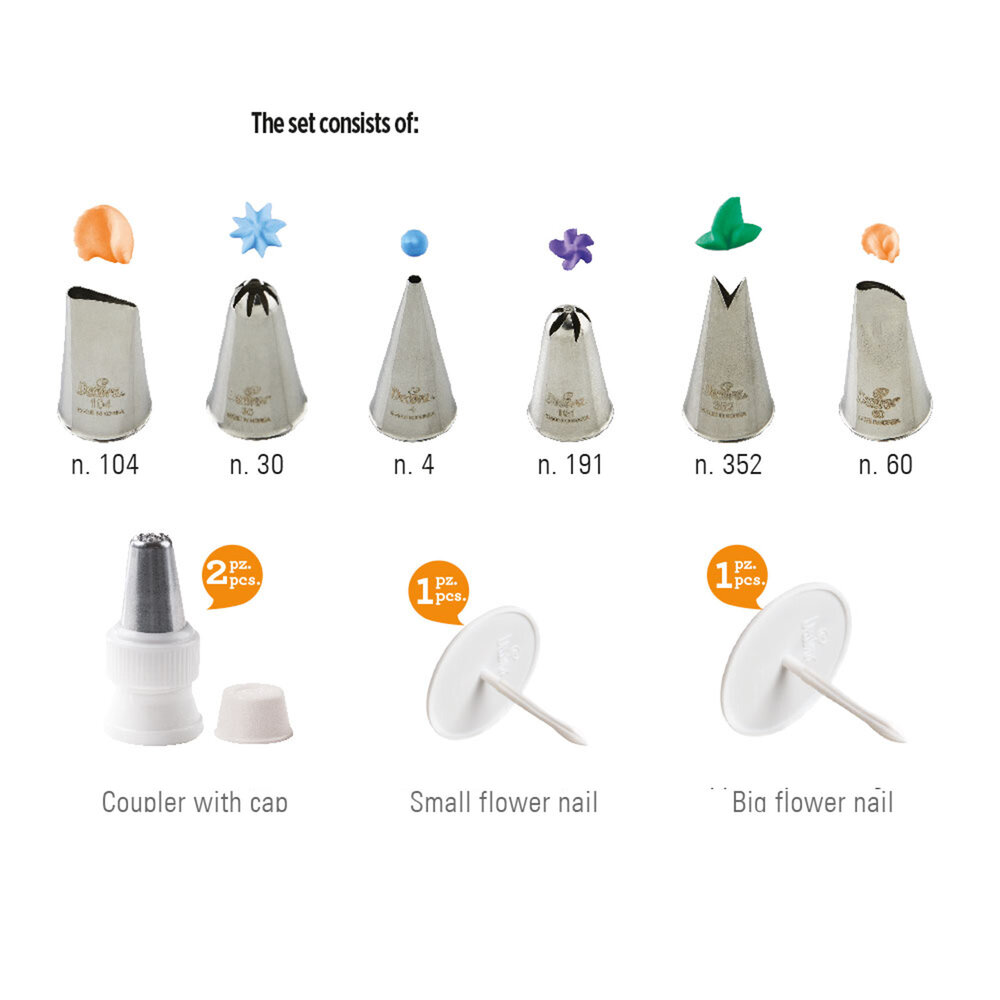 Decora pink piping nozzle kit, 10 pieces, with couplers and flower nails