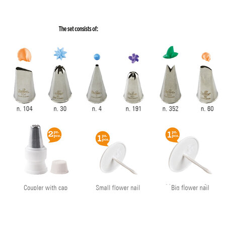 Decora pink piping nozzle kit, 10 pieces, with couplers and flower nails