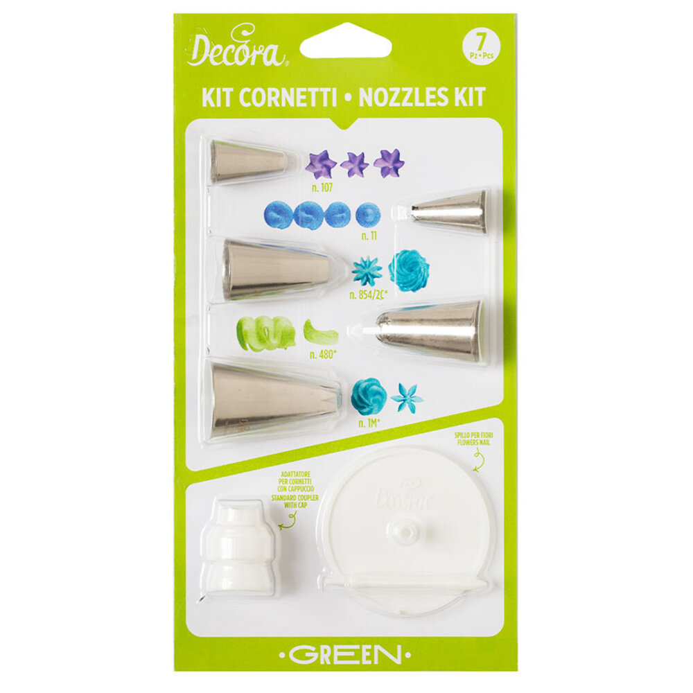 Decora groen spuitmondjesset, 7 stuks, met koppelstukken en bloemspijkers
