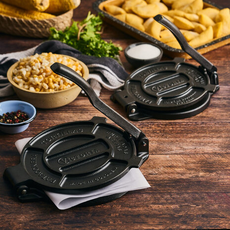 Victoria Gietijzeren tortillapers en pataconera met versterkte basis en hendel, 16.5 cm platen