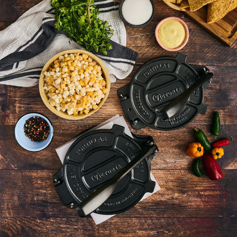 Victoria Gietijzeren tortillapers en pataconera met versterkte basis en hendel, 16.5 cm platen