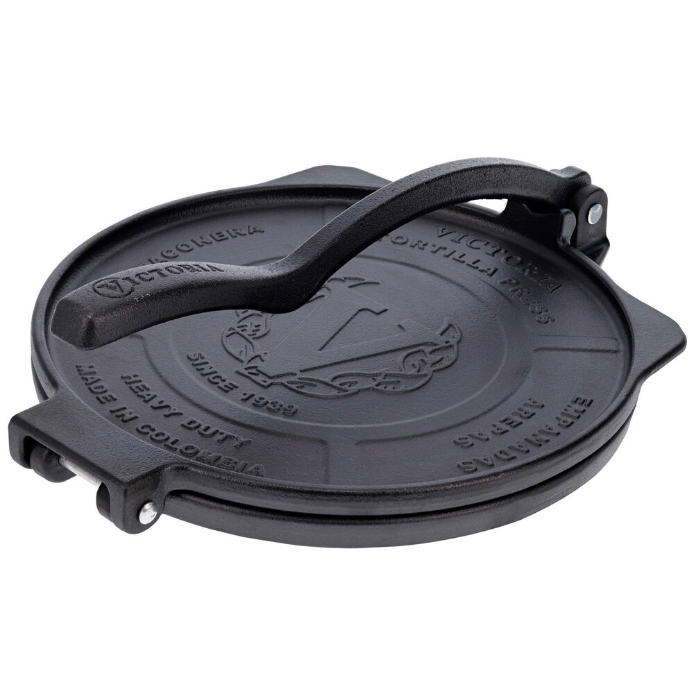 Victoria Gietijzeren tortillapers en pataconera met versterkte basis en hendel, 25 cm platen