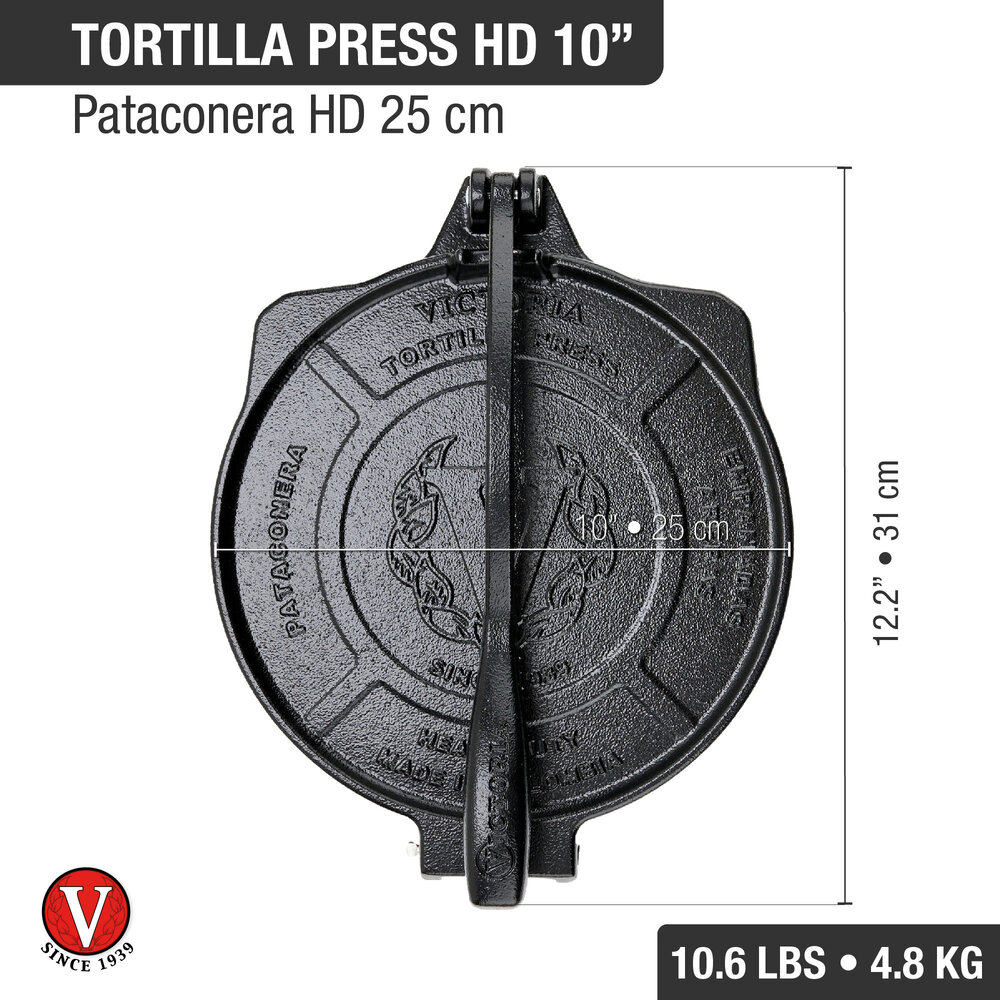 Victoria Cast iron tortilla press and pataconera with reinforced base and lever, 25 cm plates