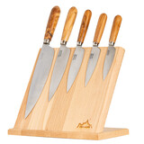 Pallares Solsona 5 carbon steel knives with olivewood handles on a block