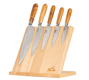 Pallares Solsona 5 carbon steel knives with olivewood handles on a block