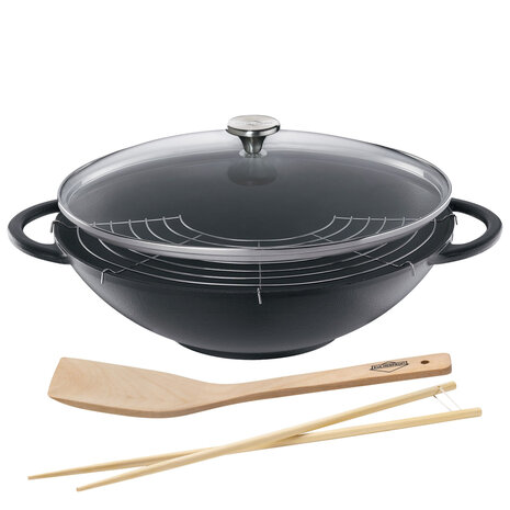 Küchenprofi Geëmailleerde gietijzeren wok 36cm met glazen deksel