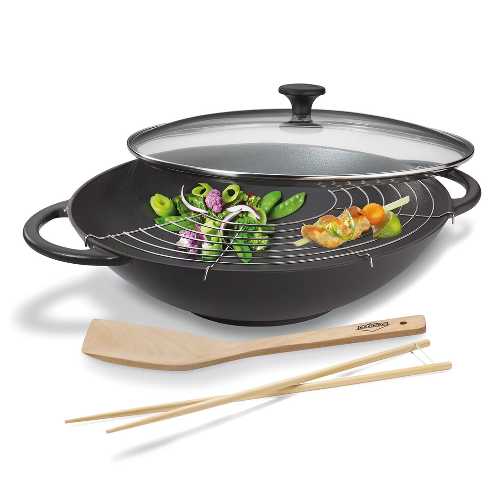 Küchenprofi Geëmailleerde gietijzeren wok 36cm met glazen deksel