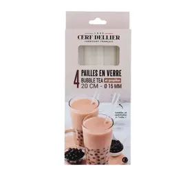 Patis Decor Bubble tea glass straws 15 mm with cleaning brush, pack of 4