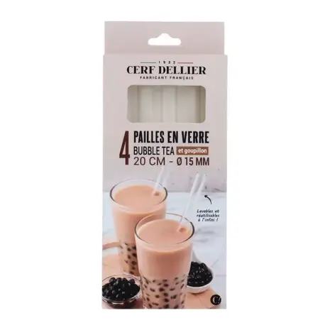 Patis Decor Bubble tea glazen rietjes Ø 15 mm x 20 cm met reinigingsborstel, set van 4