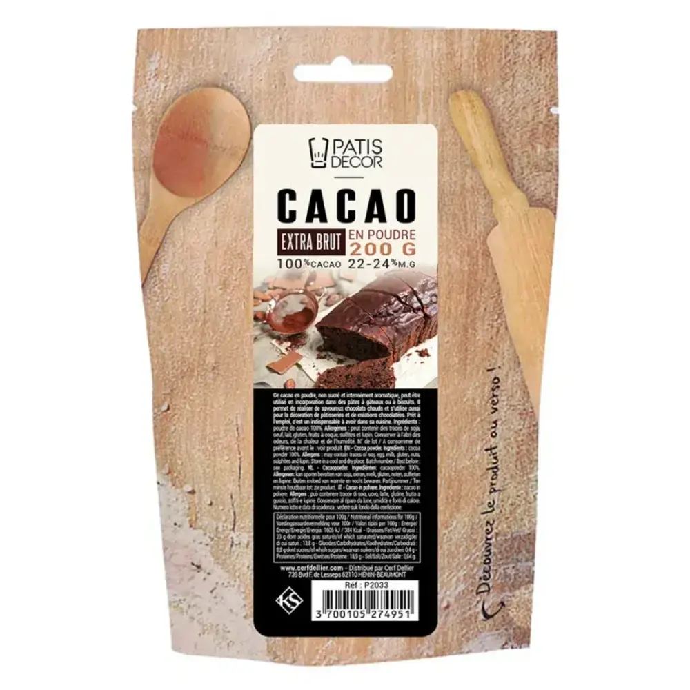 Patis Decor Extra rauwe cacaopoeder, 100% puur, 22-24% vet, 200 g Patis Decor Extra rauwe cacaopoeder, 100% puur, 22-24% vet, 200 g