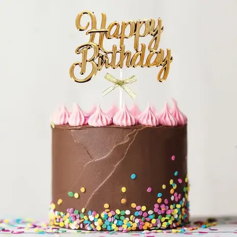 Patis Decor Happy birthday cake topper, gold lettering with ribbon