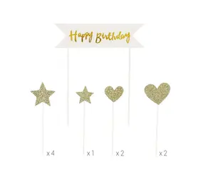 Patis Decor Happy birthday cake toppers, stars and hearts, pack of 10