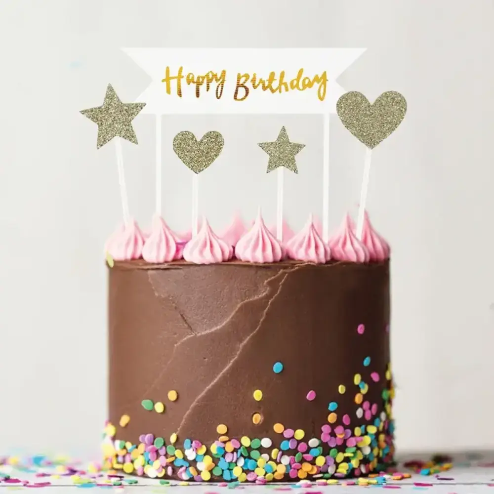 Patis Decor Happy birthday cake toppers with glitter stars and hearts, pack of 10 Patis Decor Happy birthday cake toppers with glitter stars and hearts, pack of 10