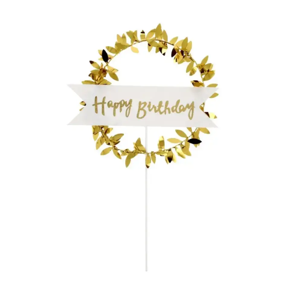 Patis Decor Happy birthday cake topper, gouden banner met lauwerkrans Patis Decor Happy birthday cake topper, gouden banner met lauwerkrans