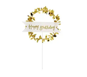 Patis Decor Happy birthday cake topper, gold with laurel wreath