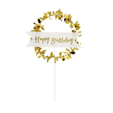 Patis Decor Happy birthday cake topper, gouden banner met lauwerkrans Patis Decor Happy birthday cake topper, gouden banner met lauwerkrans