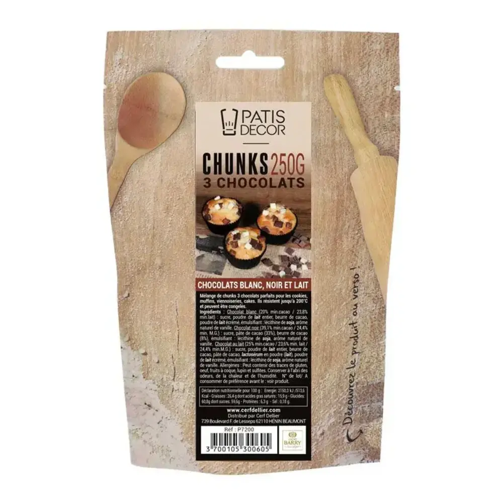 Patis Decor 3-chocolate chunks mix by Barry Callebaut, dark, milk and white, 250 g Patis Decor 3-chocolate chunks mix by Barry Callebaut, dark, milk and white, 250 g
