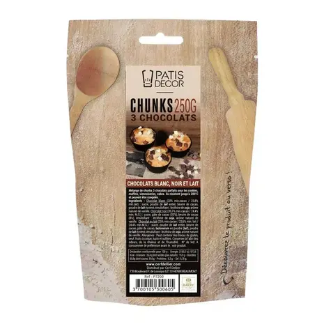 Patis Decor 3-chocolate chunks mix by Barry Callebaut, dark, milk and white, 250 g Patis Decor 3-chocolate chunks mix by Barry Callebaut, dark, milk and white, 250 g