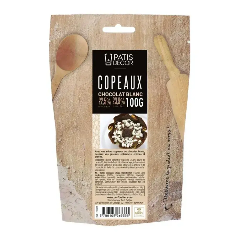 Patis Decor White chocolate micro shavings by Barry Callebaut, 22.5% cacao, 100 g Patis Decor White chocolate micro shavings by Barry Callebaut, 22.5% cacao, 100 g