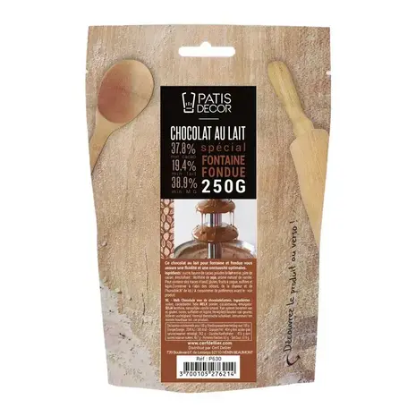 Patis Decor Melk couverture chocolade voor fondue en fontein, 37,8% cacao, 250 g Patis Decor Melk couverture chocolade voor fondue en fontein, 37,8% cacao, 250 g