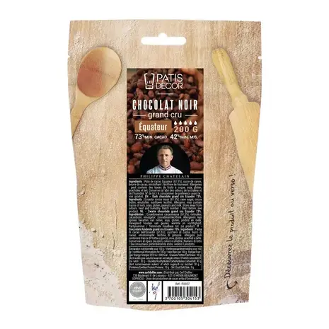 Patis Decor Puur couverture chocolade Ecuador grand cru 73% van Philippe Chatelain, pistoles, 200 g Patis Decor Puur couverture chocolade Ecuador grand cru 73% van Philippe Chatelain, pistoles, 200 g