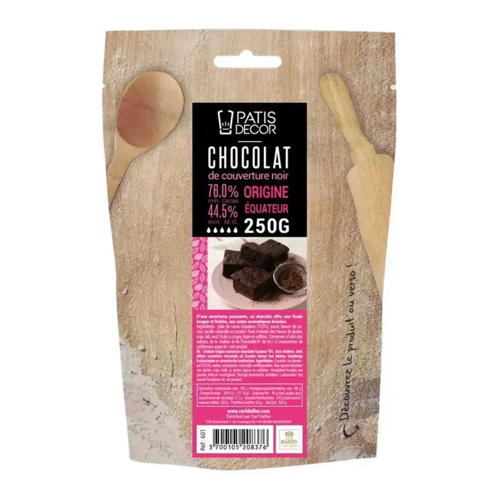 Patis Decor Puur couverture chocolade Ecuador 76% van Barry Callebaut, pistoles, 250 g Patis Decor Puur couverture chocolade Ecuador 76% van Barry Callebaut, pistoles, 250 g