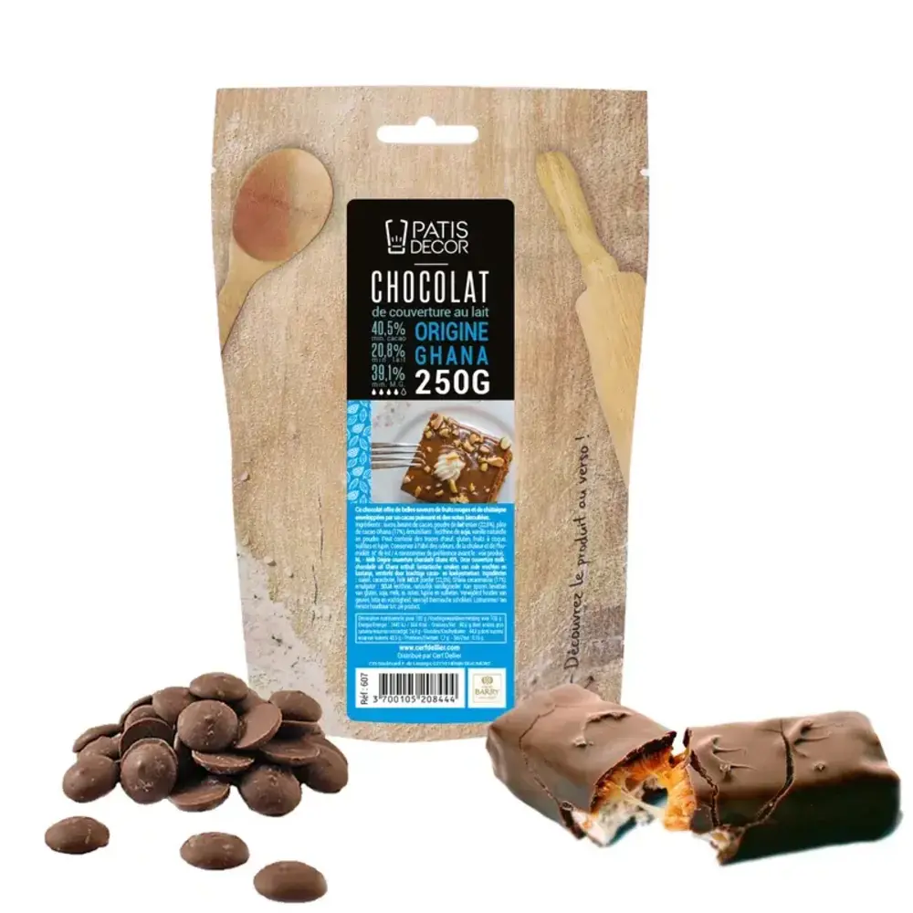 Patis Decor Milk couverture chocolate Ghana 40.5% by Barry Callebaut, pistoles, 250 g Patis Decor Milk couverture chocolate Ghana 40.5% by Barry Callebaut, pistoles, 250 g